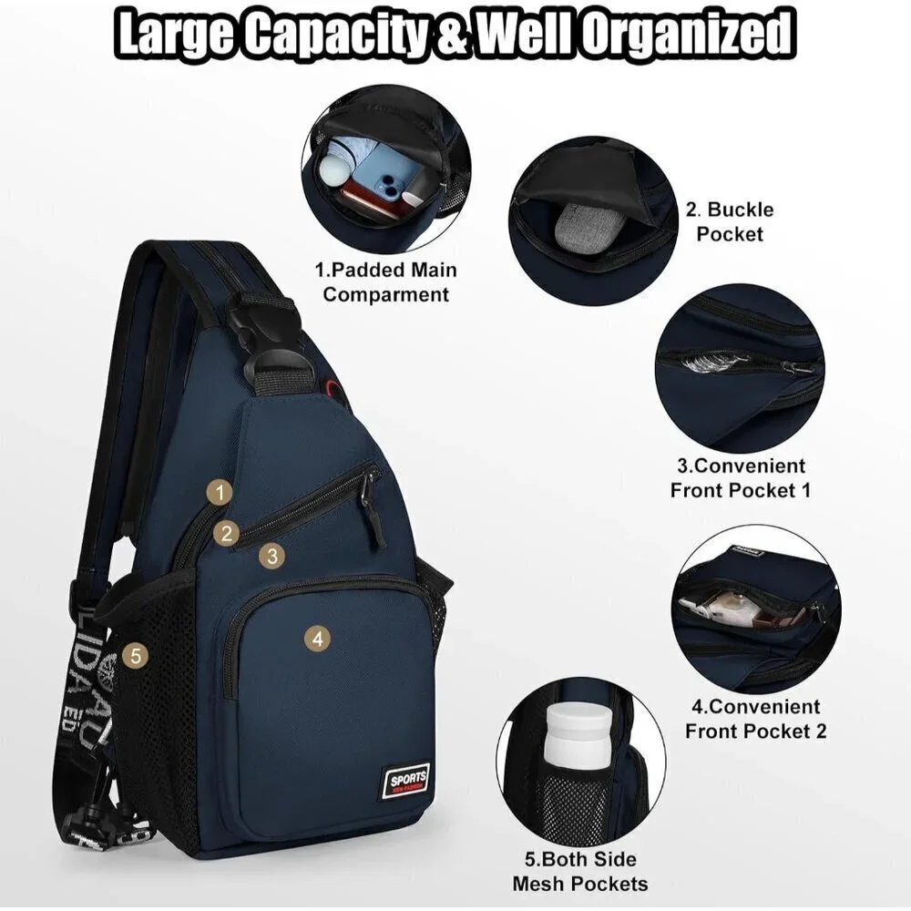 💫 Men Blue Crossbody Bag Sling EarphoneHole Multipurpose Travel Hiking Backpack